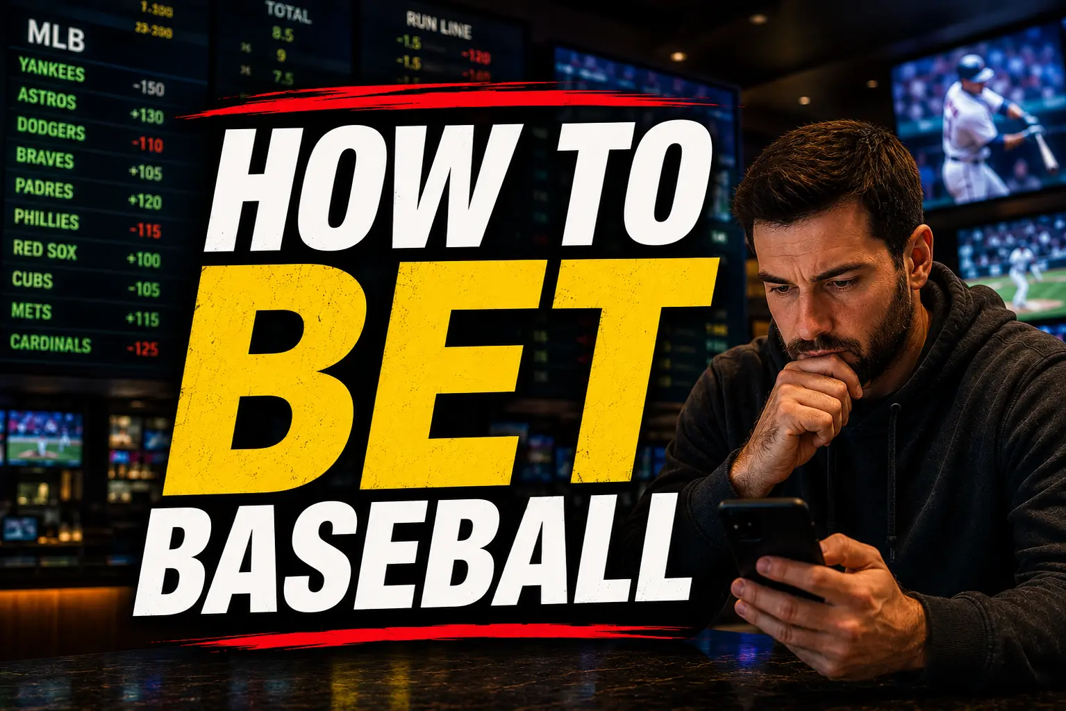 Thumbnail with bold "How to Bet Baseball" text beside a sports bettor looking at a phone in front of sportsbook odds boards.