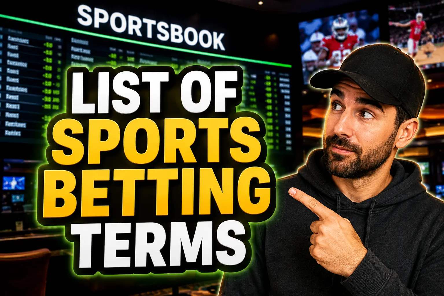 Sports betting glossary thumbnail featuring the title "List of Sports Betting Terms" in bold lettering with a sports bettor pointing toward the text inside a casino sportsbook filled with betting odds boards.