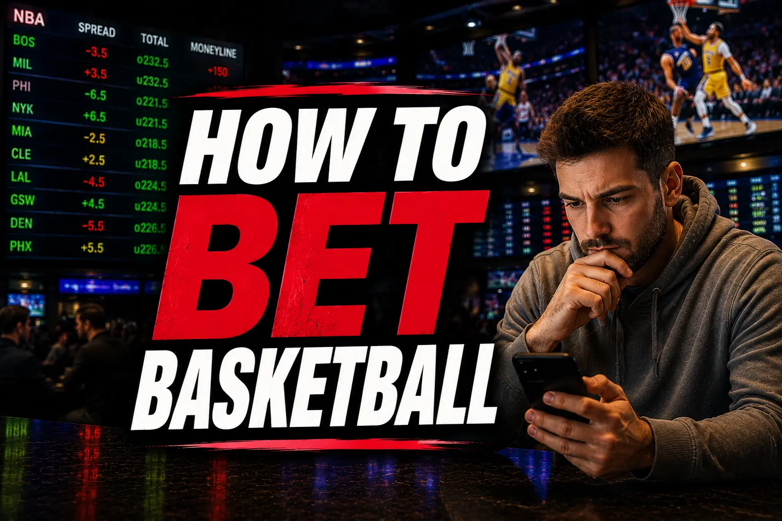 Thumbnail with bold "How to Bet Basketball" text beside a sports bettor using a phone in front of NBA sportsbook odds boards.