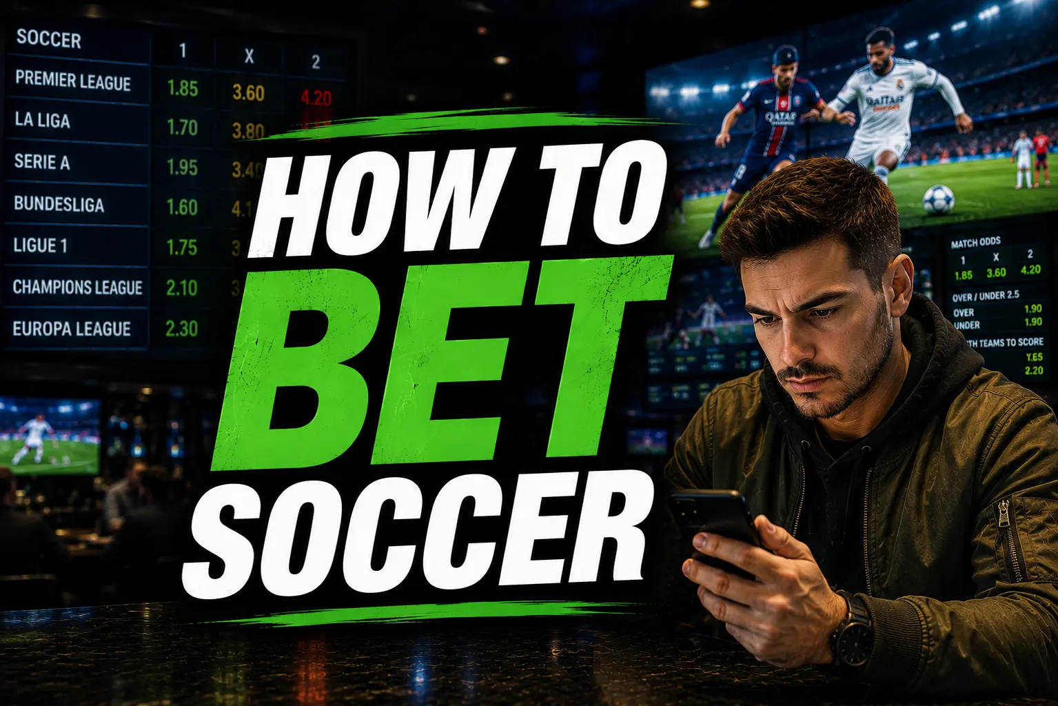Thumbnail with bold "How to Bet Soccer" text beside a sports bettor using a phone in front of soccer sportsbook odds boards.