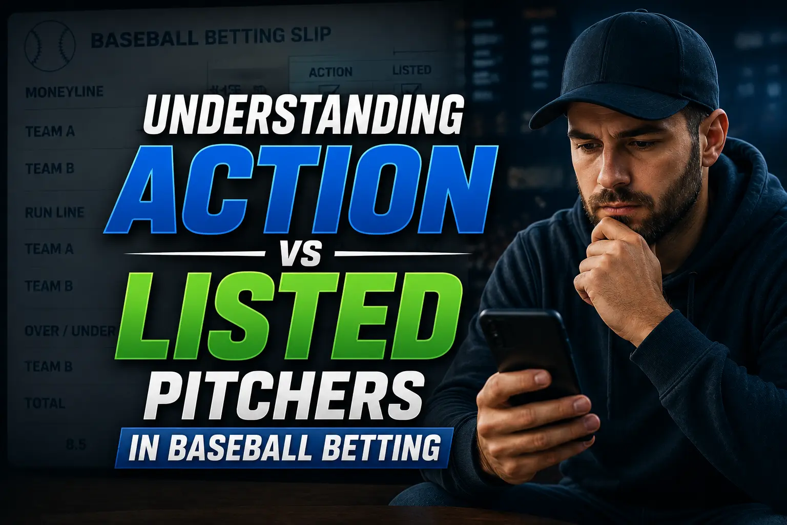 Sports bettor checking a mobile betting app with the title "Understanding Action vs Listed Pitchers in Baseball Betting" over a baseball betting slip background.