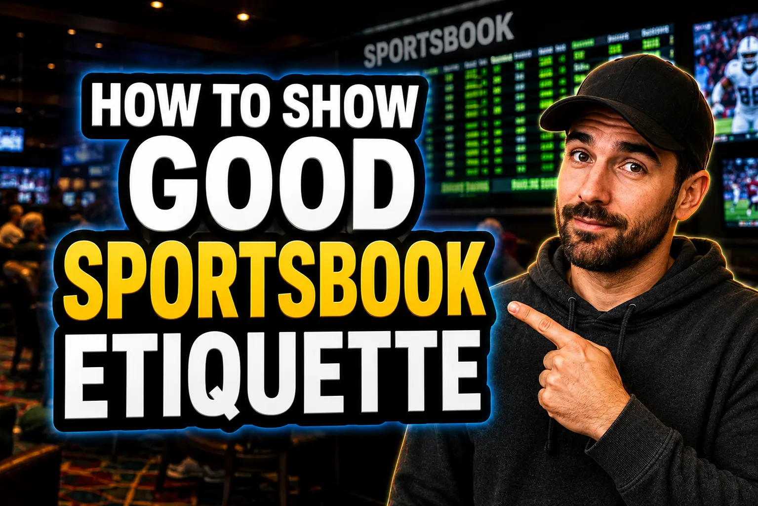 Sportsbook etiquette thumbnail featuring the title "How to Show Good Sportsbook Etiquette" with a sports bettor pointing toward the text inside a busy casino sportsbook with betting boards in the background.