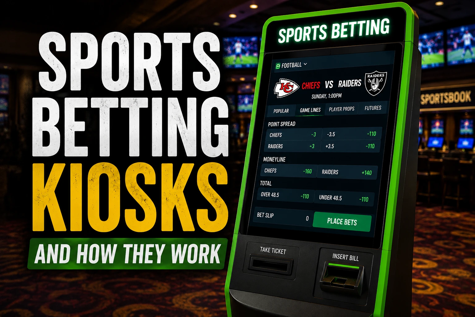 Sports betting kiosk in a Las Vegas sportsbook with betting odds displayed on screen and text reading Sports Betting Kiosks and How They Work.