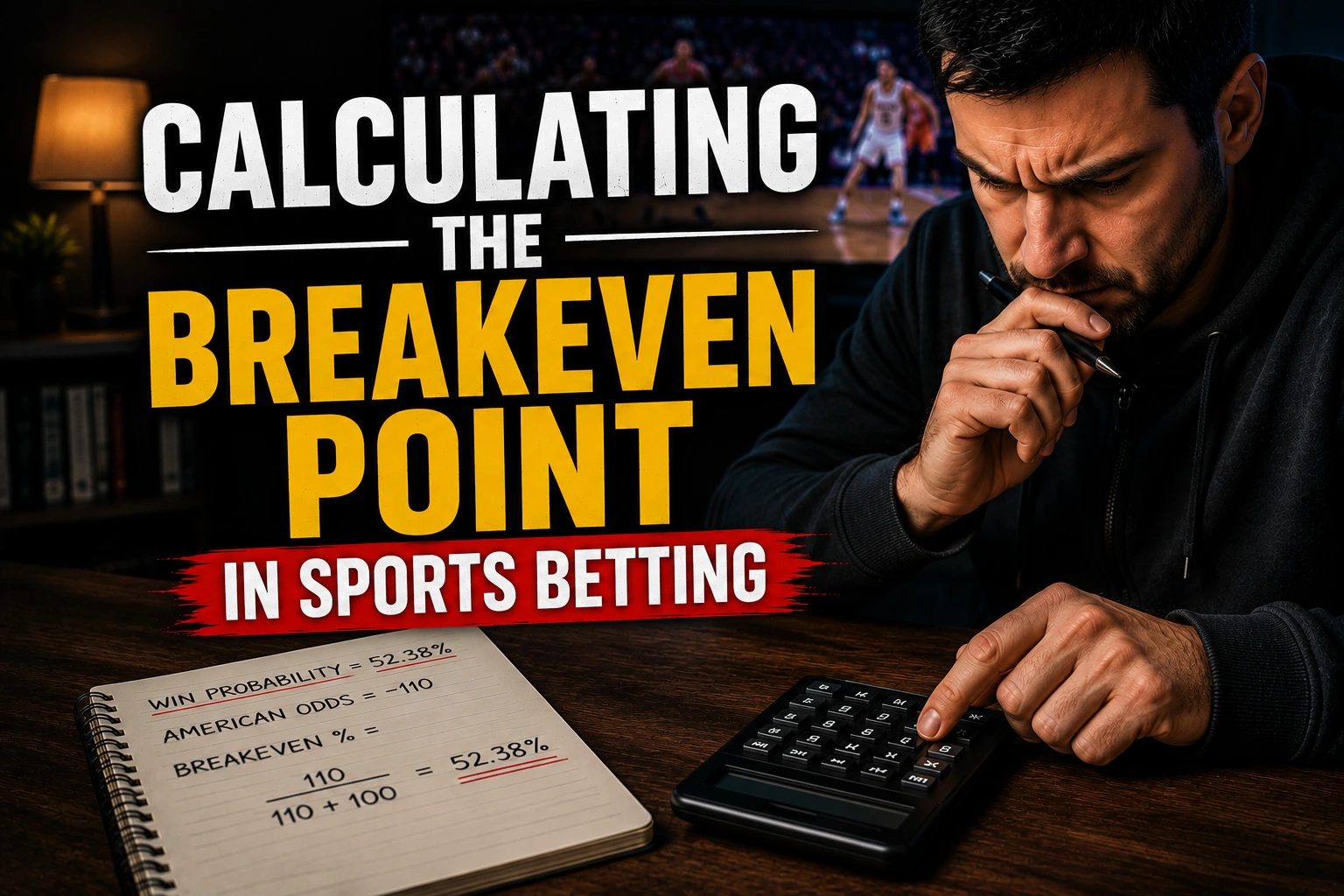 Calculating the breakeven point in sports betting with a bettor using a calculator and notebook showing the 52.38% breakeven rate for -110 odds.