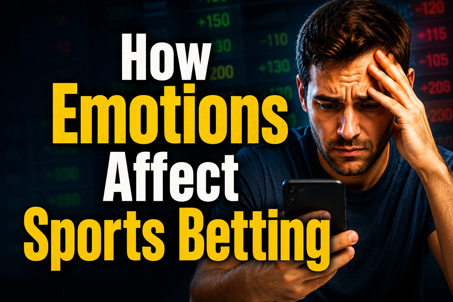 Man looking stressed while checking a sports betting app with sportsbook odds in the background and the text "How Emotions Affect Sports Betting.