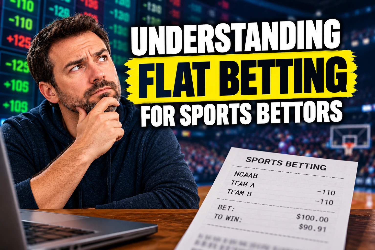 Understanding flat betting for sports bettors thumbnail featuring a thoughtful man, sports betting ticket, and sportsbook odds board, illustrating consistent bet sizing and disciplined sports betting strategy.