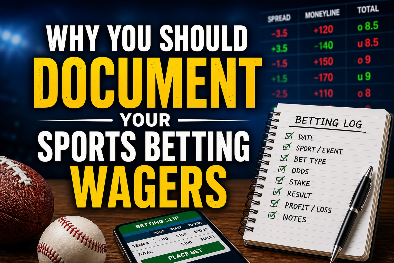 Sports betting log with notebook and sportsbook odds board beside the headline "Why You Should Document Your Sports Betting Wagers."
