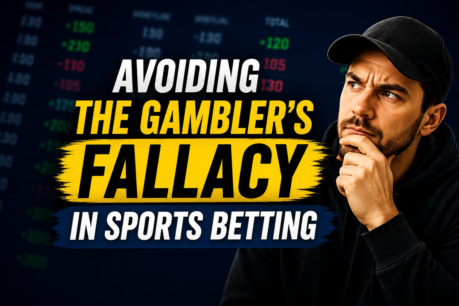 Thumbnail for an article about avoiding the gambler's fallacy in sports betting, featuring bold yellow and white text, a thoughtful sports bettor, and a blurred sportsbook odds board background.