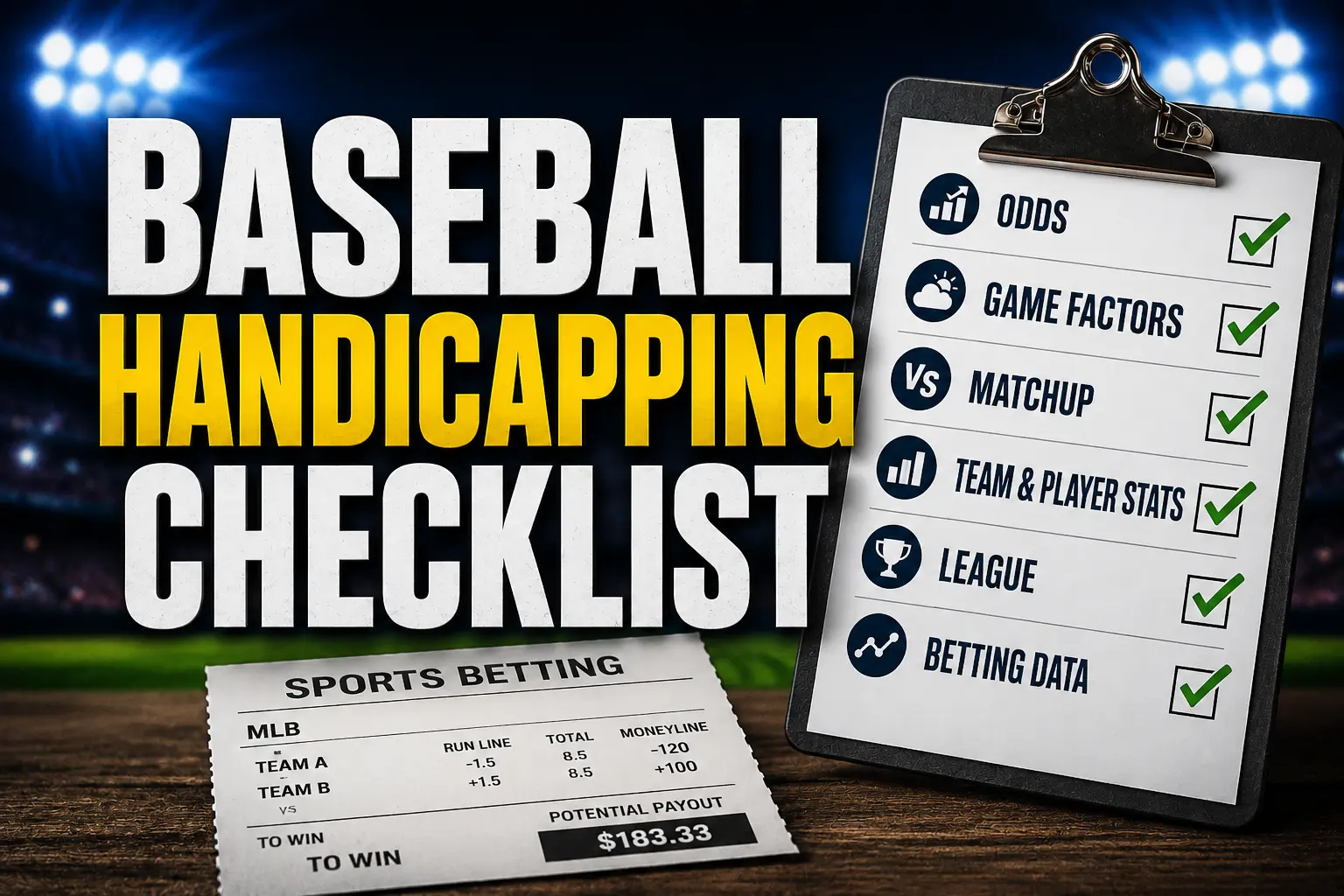 Baseball handicapping checklist thumbnail featuring bold text, a sports betting ticket, and a baseball research checklist against a stadium background.