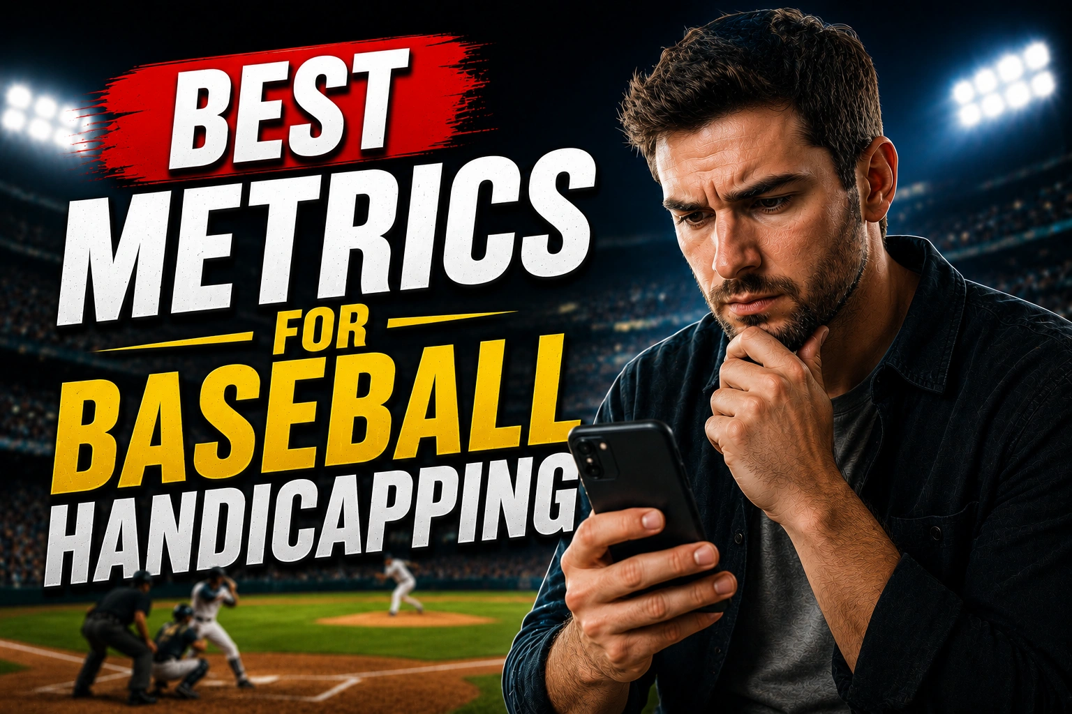 Best Metrics for Baseball Handicapping Best metrics for baseball handicapping featuring a focused sports bettor researching advanced baseball analytics and betting data on a smartphone.