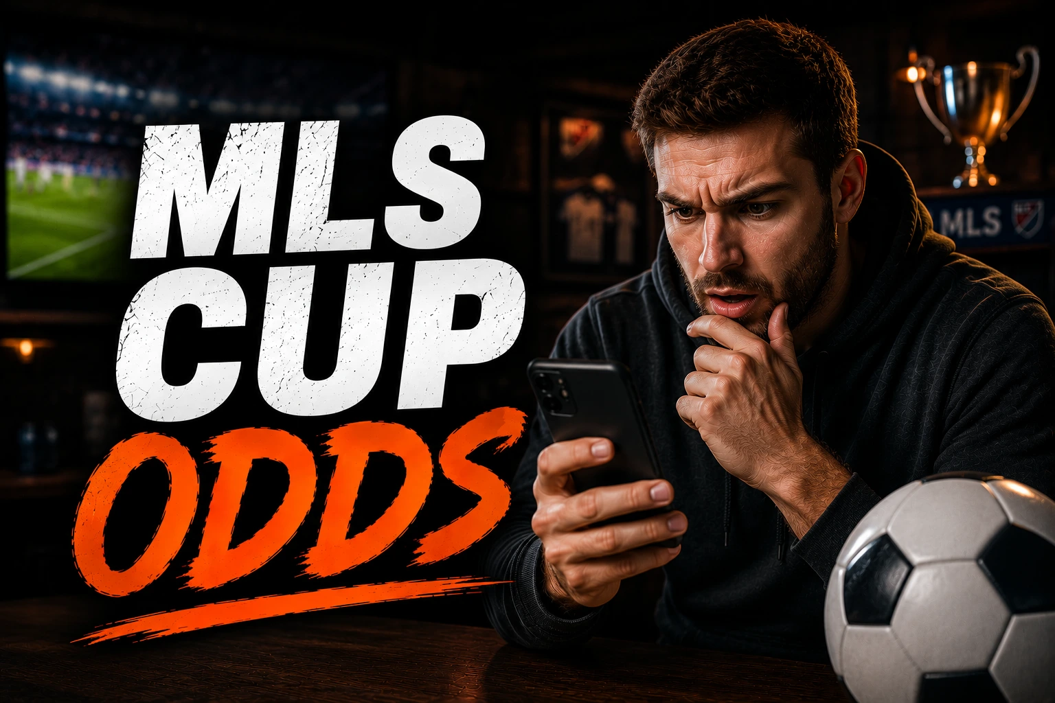 Thumbnail for an MLS Cup Odds article featuring bold white and orange text, a sports bettor checking his phone, and a soccer-themed background.