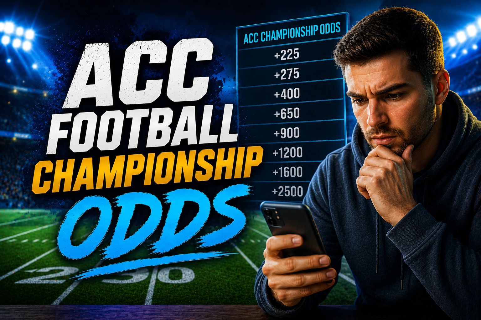 Thumbnail for ACC Football Championship Odds featuring bold white, gold, and blue text, a sports bettor checking his phone, and a football stadium background with a generic betting odds board.