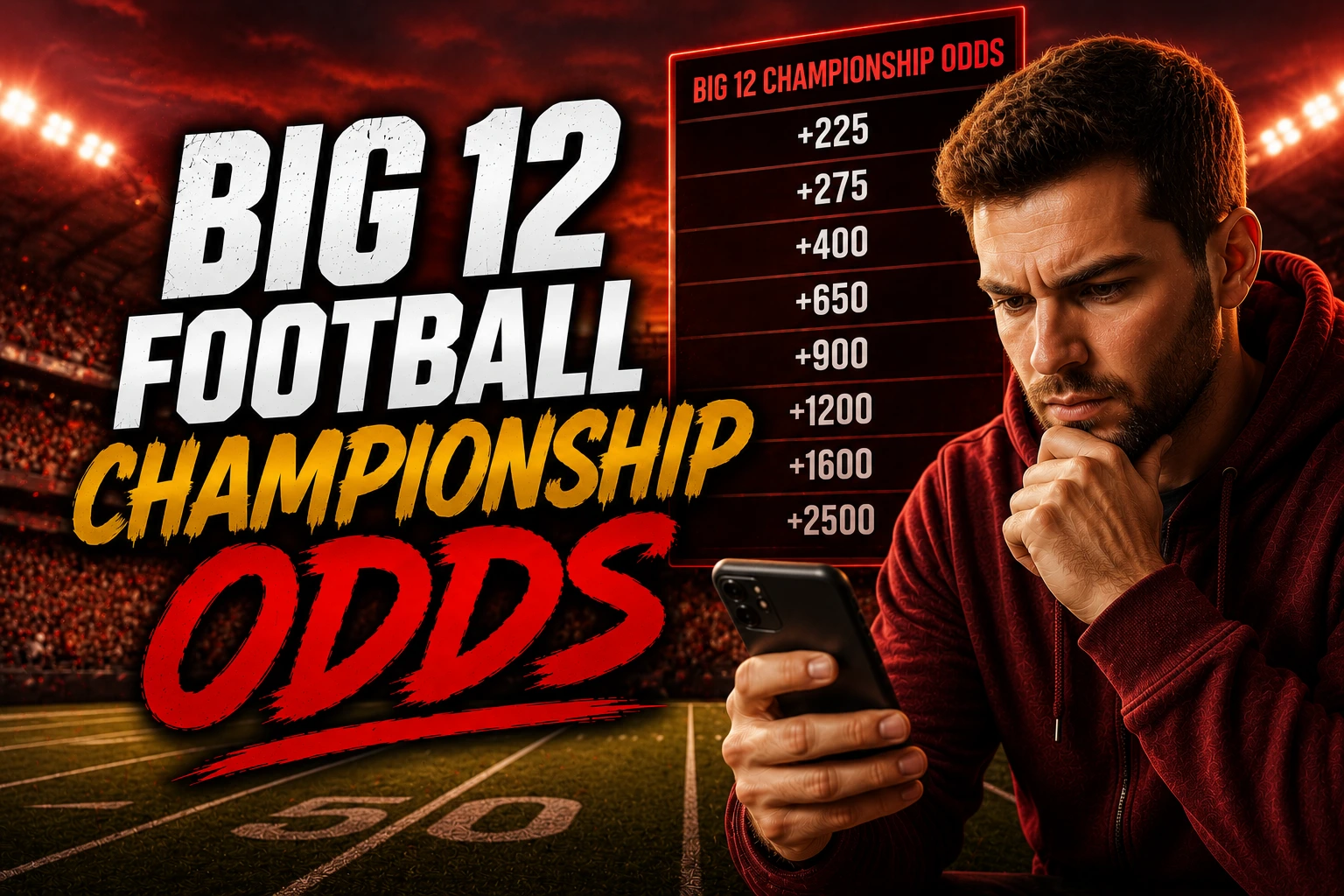 Thumbnail for Big 12 Football Championship Odds featuring bold white, gold, and red text, a sports bettor checking his phone, and a football stadium background with a generic betting odds board.