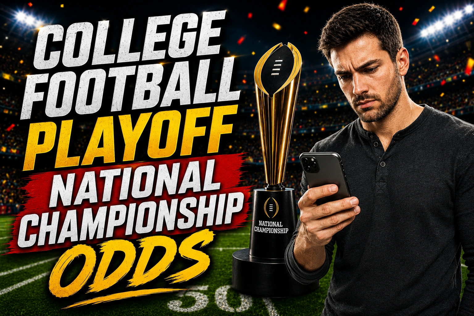 Thumbnail for College Football Playoff National Championship Odds featuring a brightly lit football stadium at night, the College Football Playoff trophy, and a focused man looking at betting odds on his smartphone. Large bold text reads "College Football Playoff National Championship Odds" in white, yellow, and red, creating a dramatic sports betting theme.