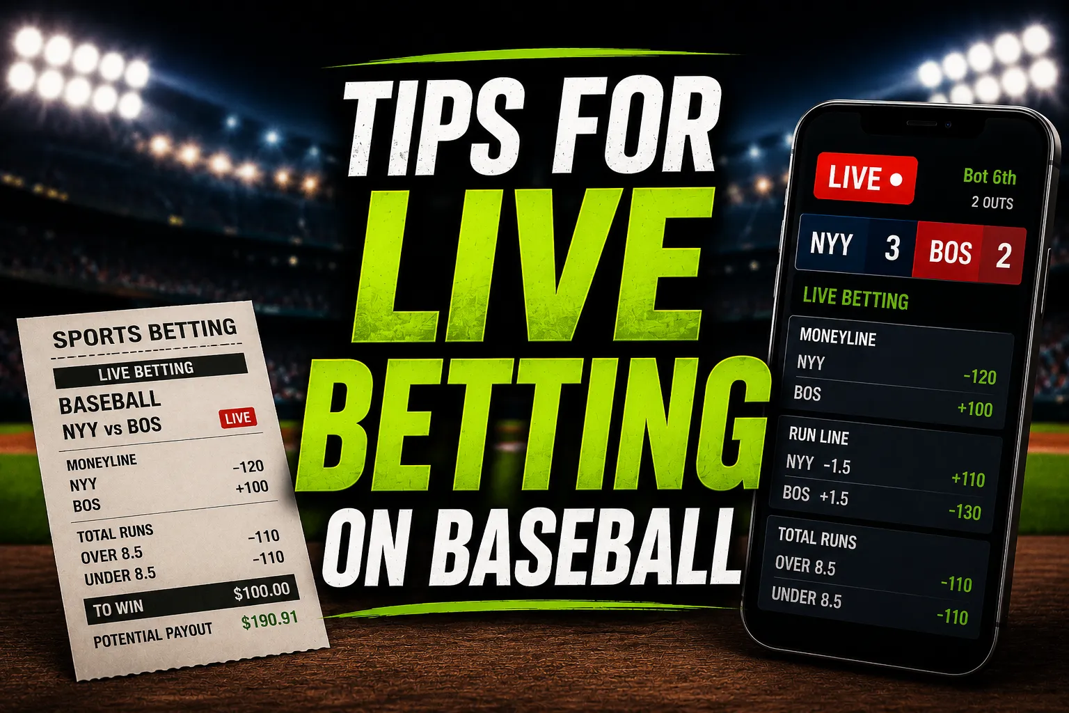 Tips for live betting on baseball thumbnail featuring a live betting app, sports betting ticket, and baseball stadium background.