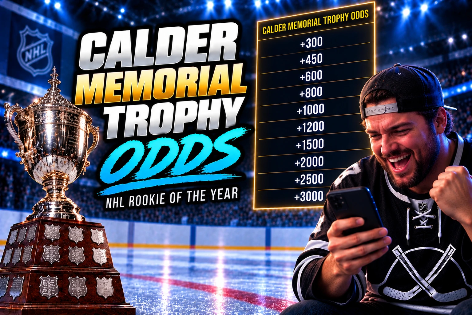 Calder Memorial Trophy odds graphic showing NHL Rookie of the Year betting odds, a hockey trophy, odds board, ice arena, and fan checking betting lines on a smartphone.