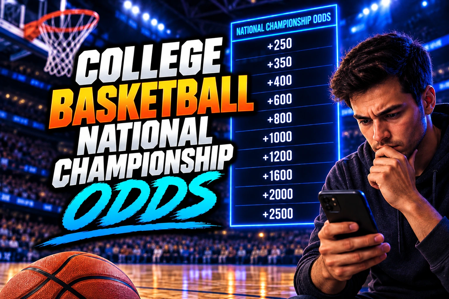College basketball national championship odds graphic showing betting odds, a basketball arena, and a fan checking championship odds on a smartphone