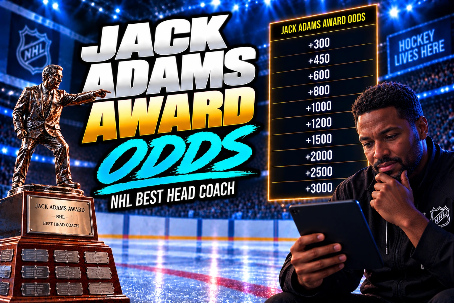 Jack Adams Award odds graphic showing NHL Coach of the Year betting odds, the Jack Adams Award trophy, an odds board, hockey arena, and Black hockey coach checking betting lines on a tablet.