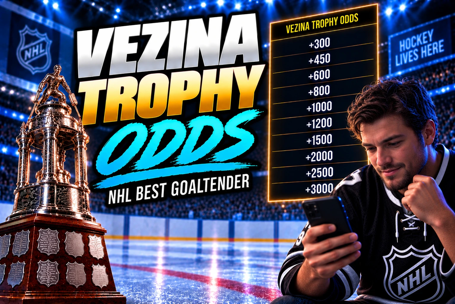 Vezina Trophy odds graphic showing NHL Best Goaltender betting odds, the Vezina Trophy, an odds board, hockey arena, and fan checking betting lines on a smartphone.