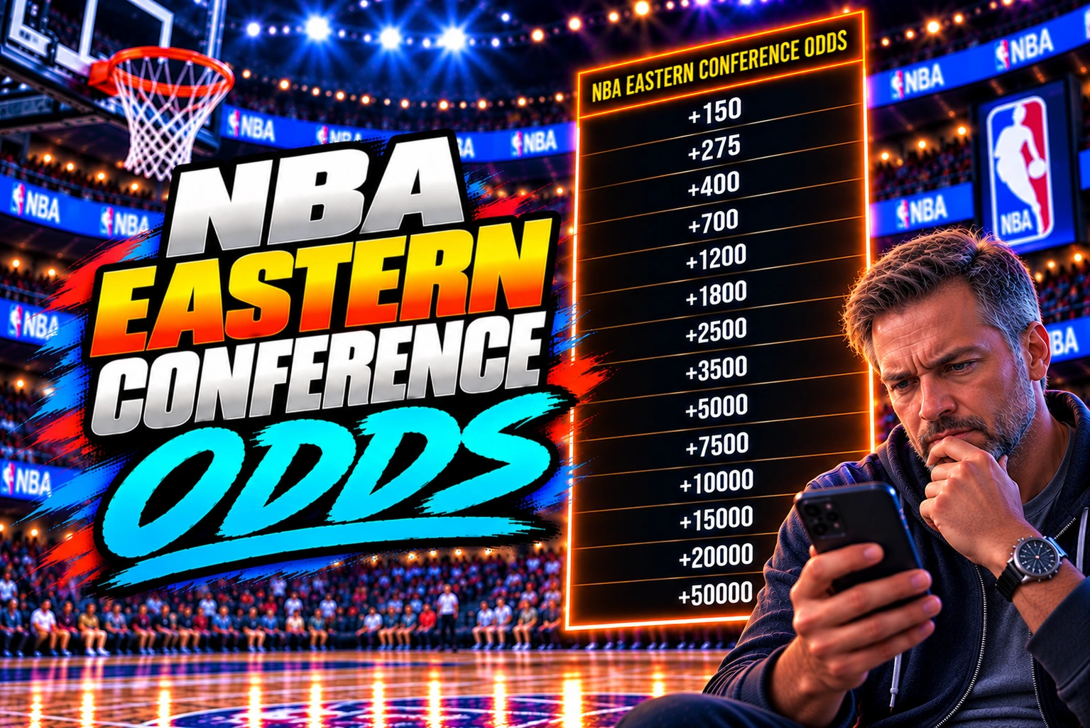 NBA Eastern Conference odds graphic featuring bold sports-betting typography, a basketball arena, and a white male fan in his late 40s analyzing betting odds on his smartphone beside an extended sportsbook-style odds board displaying NBA conference futures.