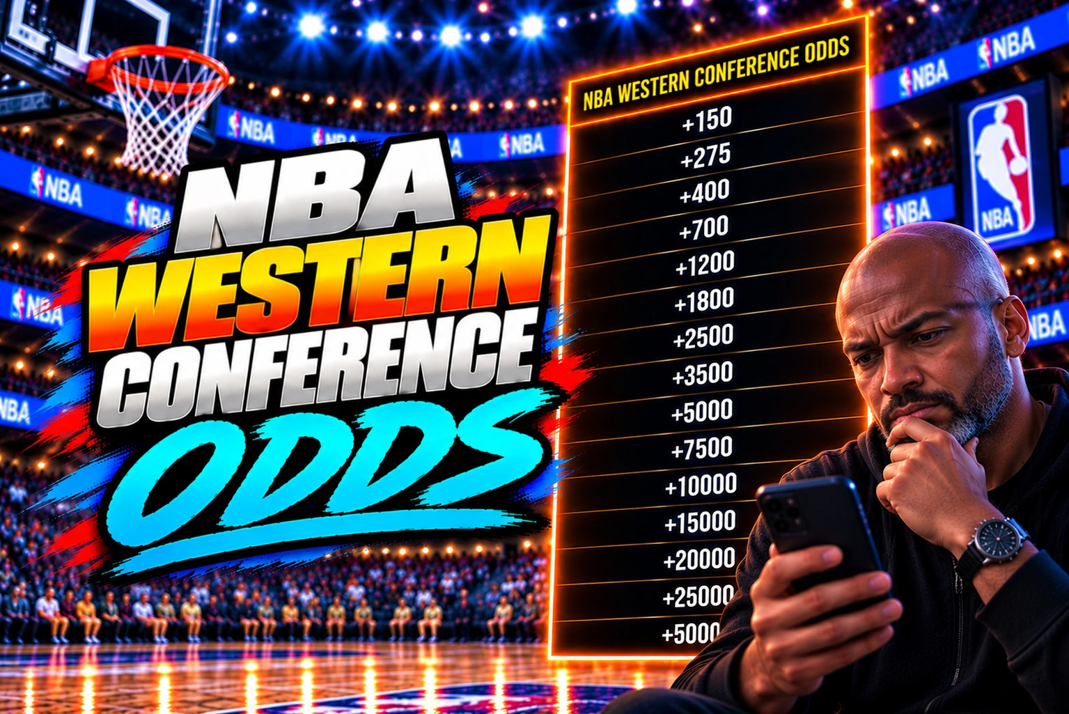 NBA Western Conference odds graphic featuring bold sports-betting typography, a basketball arena, and a Black male fan in his late 40s analyzing betting odds on his smartphone beside an extended sportsbook-style odds board displaying NBA conference futures.