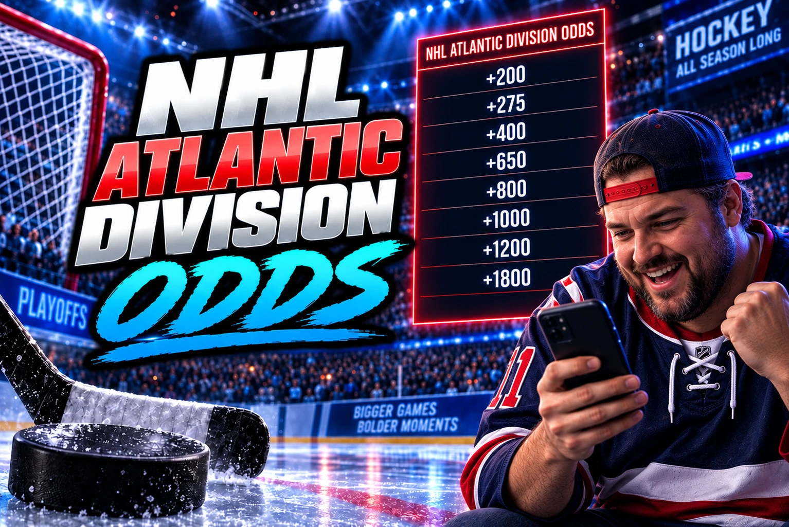 NHL Atlantic Division odds graphic showing hockey betting odds, an ice hockey arena, a puck and stick, and a fan in a hockey jersey checking odds on a smartphone.