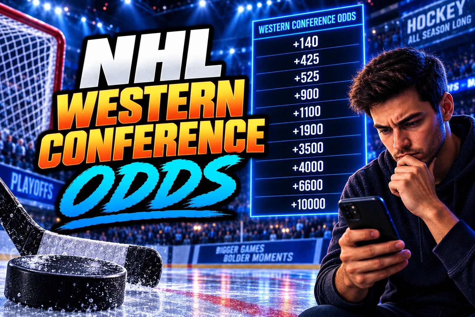 NHL Western Conference odds graphic showing hockey betting odds, an ice hockey arena, a puck and stick, and a fan checking odds on a smartphone
