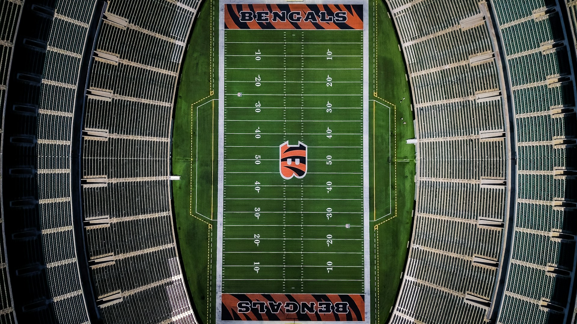 Aerial view of the Cincinnati Bengals football field at Paycor Stadium, one of four NFL teams with a chance to win its first Super Bowl in 2026.