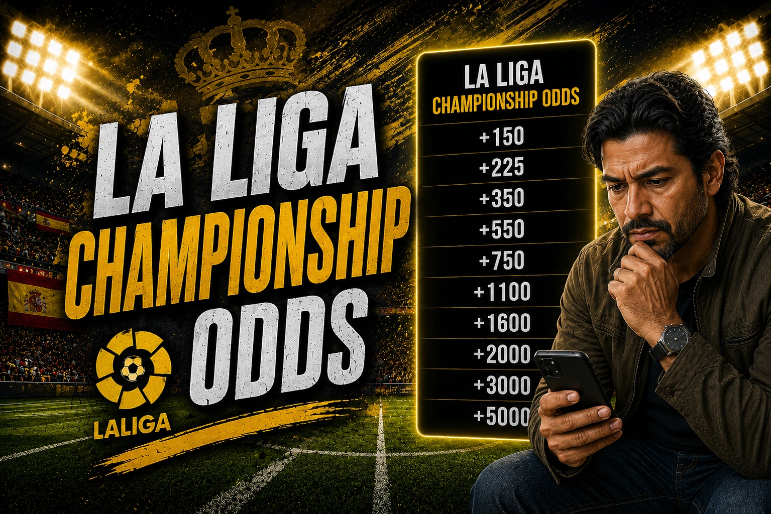 La Liga Championship Odds promotional graphic featuring a packed soccer stadium under bright floodlights with a bold blue and gold color scheme. Large distressed typography reads "La Liga Championship Odds" beside a glowing betting odds board displaying championship futures. A thoughtful Spanish man wearing a red soccer jersey studies betting odds on his smartphone, while the Spanish flag, La Liga logo, and dramatic stadium atmosphere create an energetic sports betting theme.