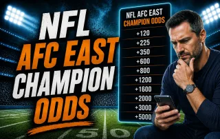 NFL AFC East Champion Odds thumbnail featuring bold orange and white text over a nighttime football stadium, a glowing betting odds board with generic futures lines, and a focused middle-aged man checking his phone in a dramatic sports betting theme.