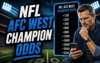 NFL AFC West Champion Odds thumbnail featuring bold blue and white text over a nighttime football stadium, a glowing betting odds board with generic futures lines, and a focused middle-aged man checking his phone in a dramatic sports betting theme.