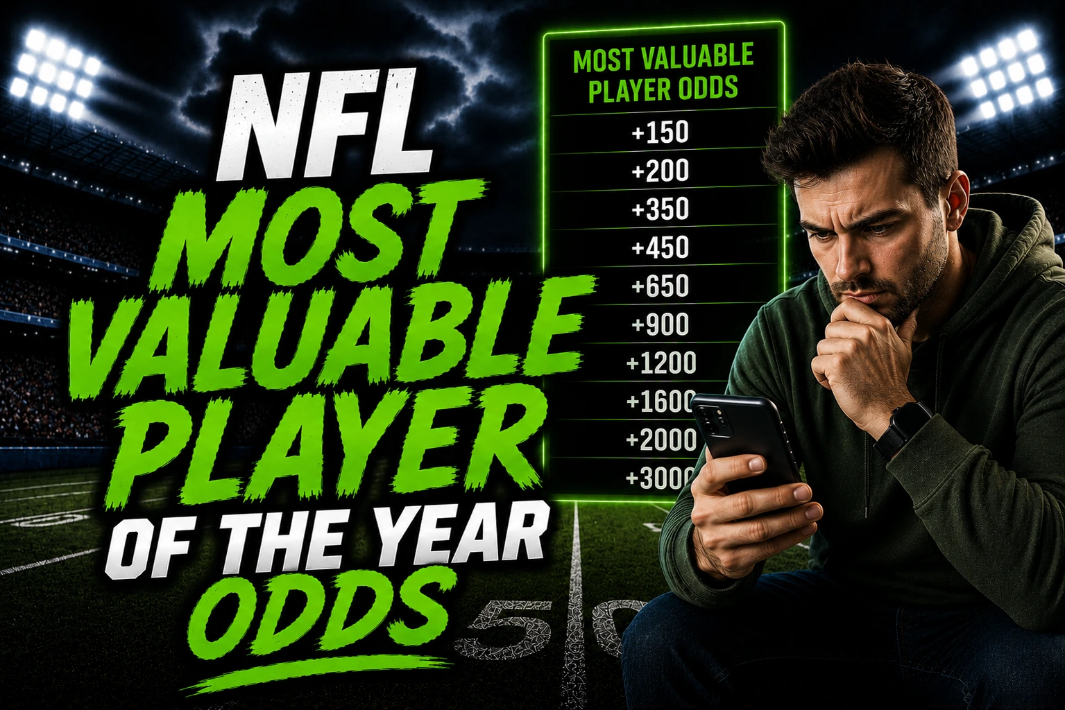 NFL Most Valuable Player Odds thumbnail featuring bold green text, a focused sports bettor checking betting odds on a smartphone, and a football stadium background under bright stadium lights.