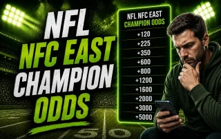 NFL NFC East Champion Odds thumbnail featuring bold green and white text over a nighttime football stadium, a glowing betting odds board with generic futures lines, and a focused man checking his phone in a dramatic sports betting theme.