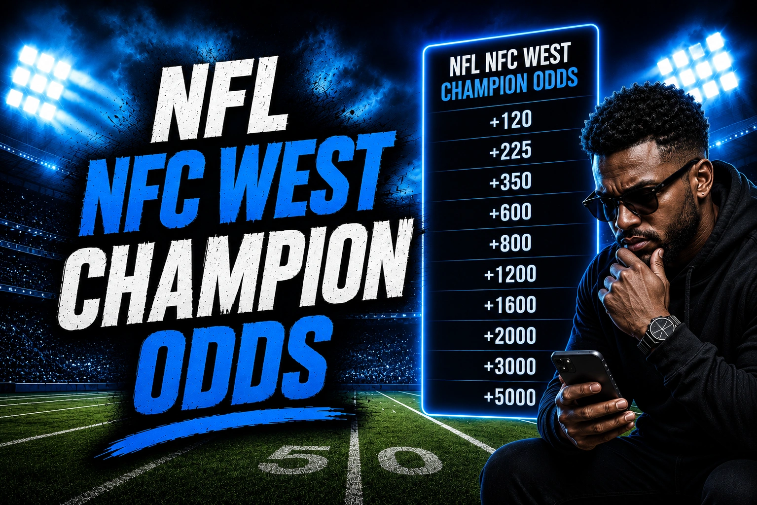 NFL NFC Champion Odds thumbnail featuring bold white and blue text over a nighttime football stadium, a glowing odds board with generic betting lines, and a thoughtful man in sunglasses checking his phone, designed in a dramatic sports betting style.