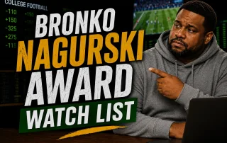 Bronko Nagurski Award Watch List graphic featuring a college football analyst in a gray hoodie pointing toward bold award text, with football field imagery and betting odds in the background.