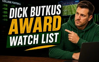 Dick Butkus Award watch list graphic featuring college football betting odds, a football game in the background, and a man in a green hoodie pointing toward the bold award title.