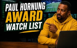 Paul Hornung Award watch list graphic featuring a college football betting background, a man in a yellow hoodie pointing toward bold text, and a laptop on a desk.