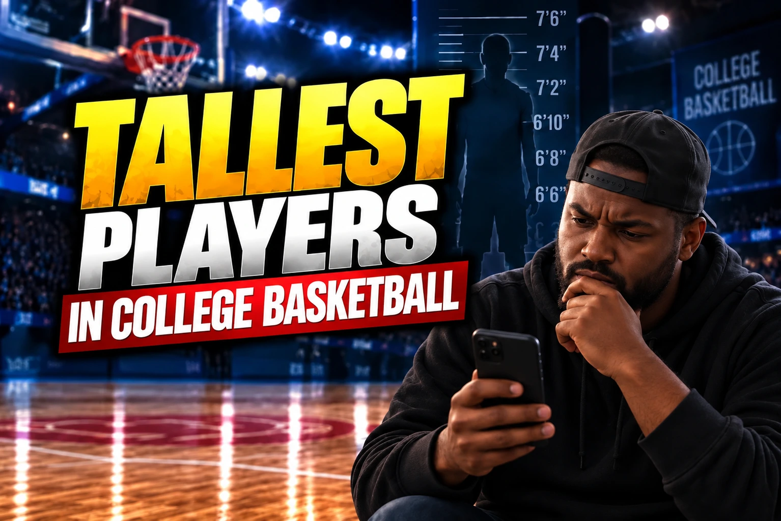 Tallest Players in College Basketball graphic featuring a college basketball bettor studying his phone beside a basketball and height chart in a dramatic arena setting.