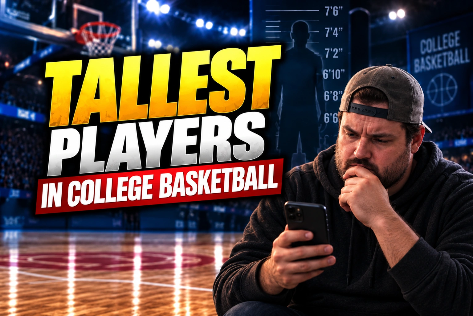 Tallest Players in College Basketball graphic featuring a college basketball bettor studying his phone beside a basketball and height chart in a dramatic arena setting.