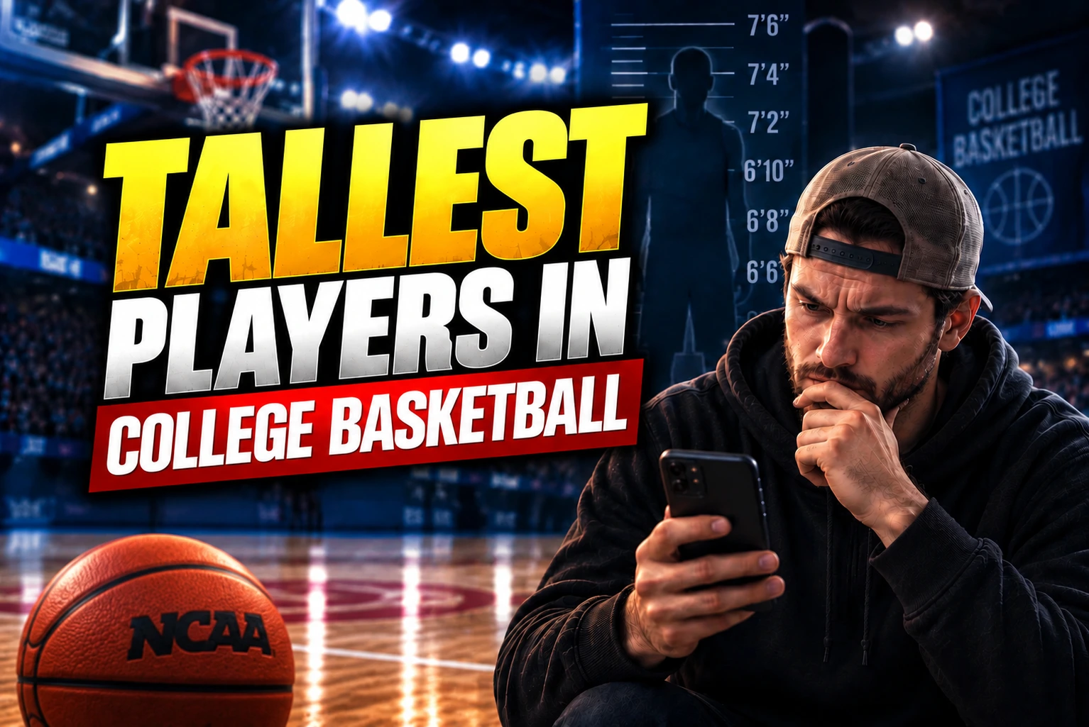 Tallest Players in College Basketball graphic featuring a college basketball bettor studying his phone beside a basketball and height chart in a dramatic arena setting.